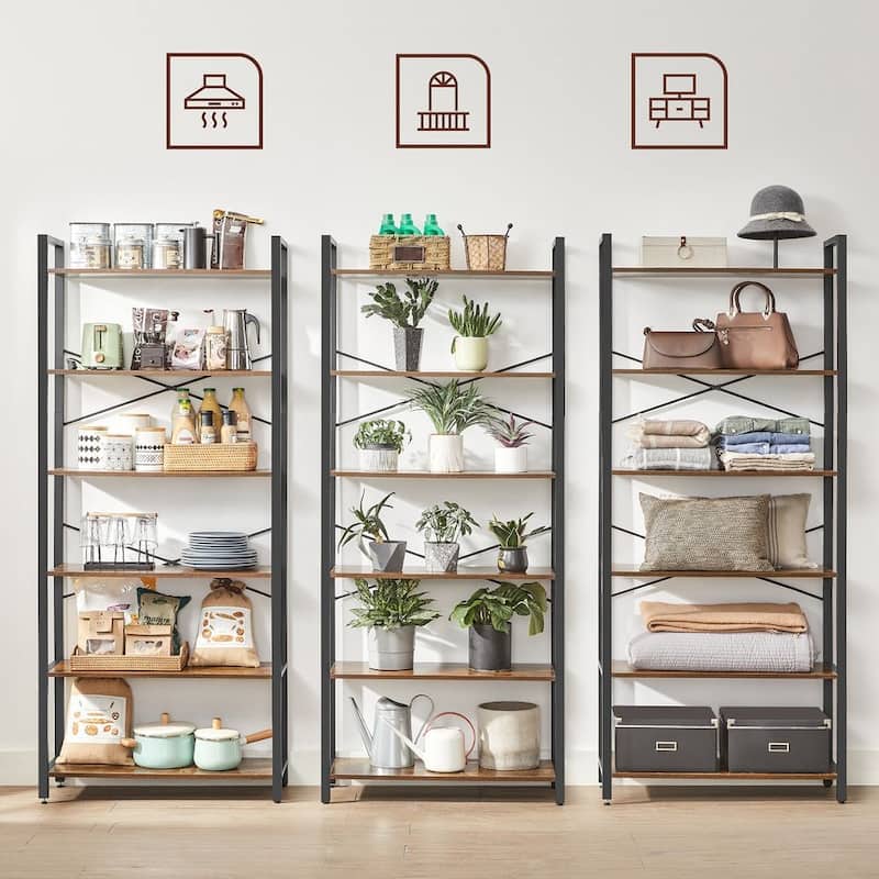 Rustic Brown and Black 6-Tier Industrial Bookshelf with Anti-Tip Kit - 31.5”L x 11.8”W x 73.2”H (80 x 30 x 186 cm)