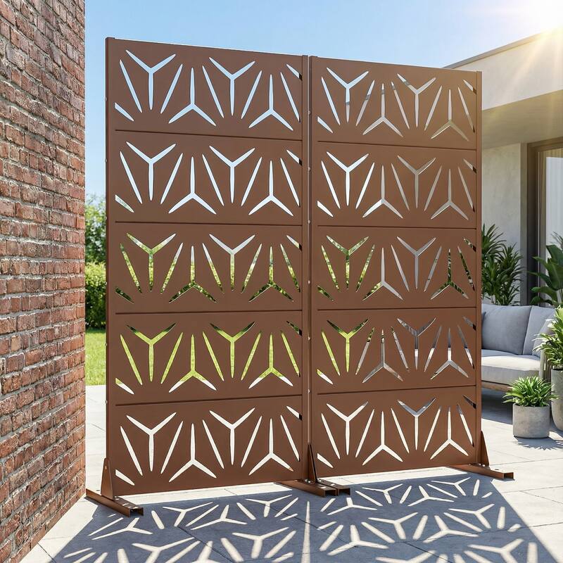 Dovelina Outdoor Freestanding Metal Privacy Screen Decorative Garden Fence (Set of 2) - Brown - 59"x30"