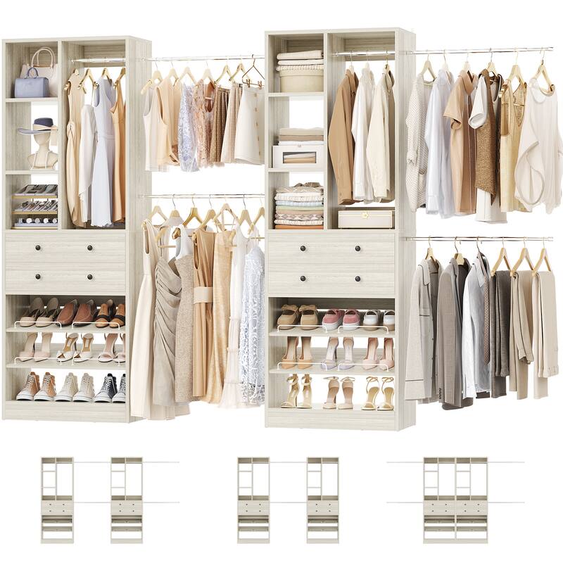 Set of 2 Closet System with 6 Hanging Rods and 4 Drawers, Adjustable Closet System with Shelves and Shoe Rack