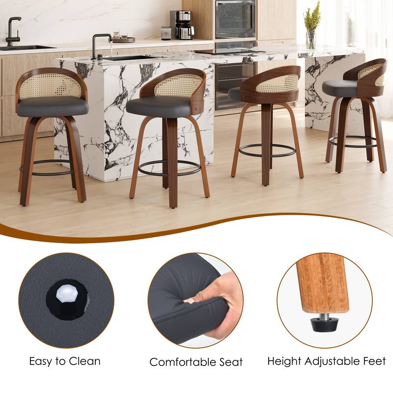 Swivel Bar Stools Set of 2, Modern Wood Frame with Rattan Back, PU Leather Stool for Kitchen Counter, Upholstered Barstools