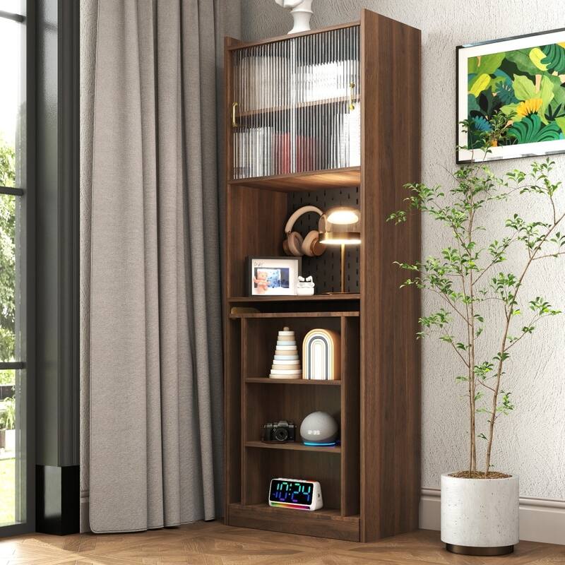 68.11"H Foldable Computer Desk Writing Study Table with Storage and Glass Doors