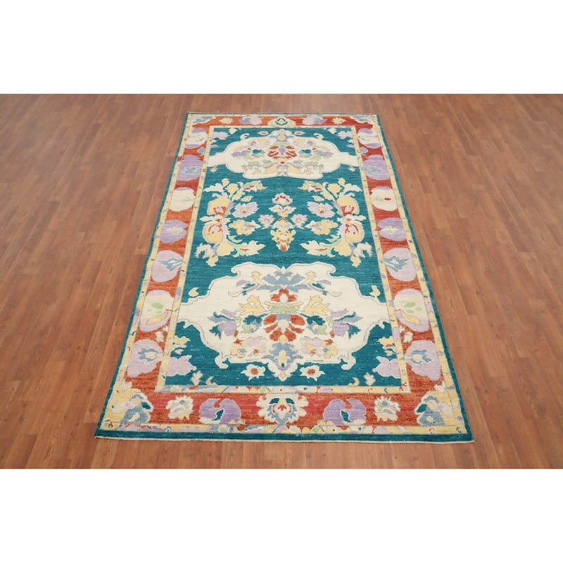 Hand Knotted Oriental 100% Wool Carpet Transitional Floral Green Oushak Area Rug - 8' 10'' X 5' 1''