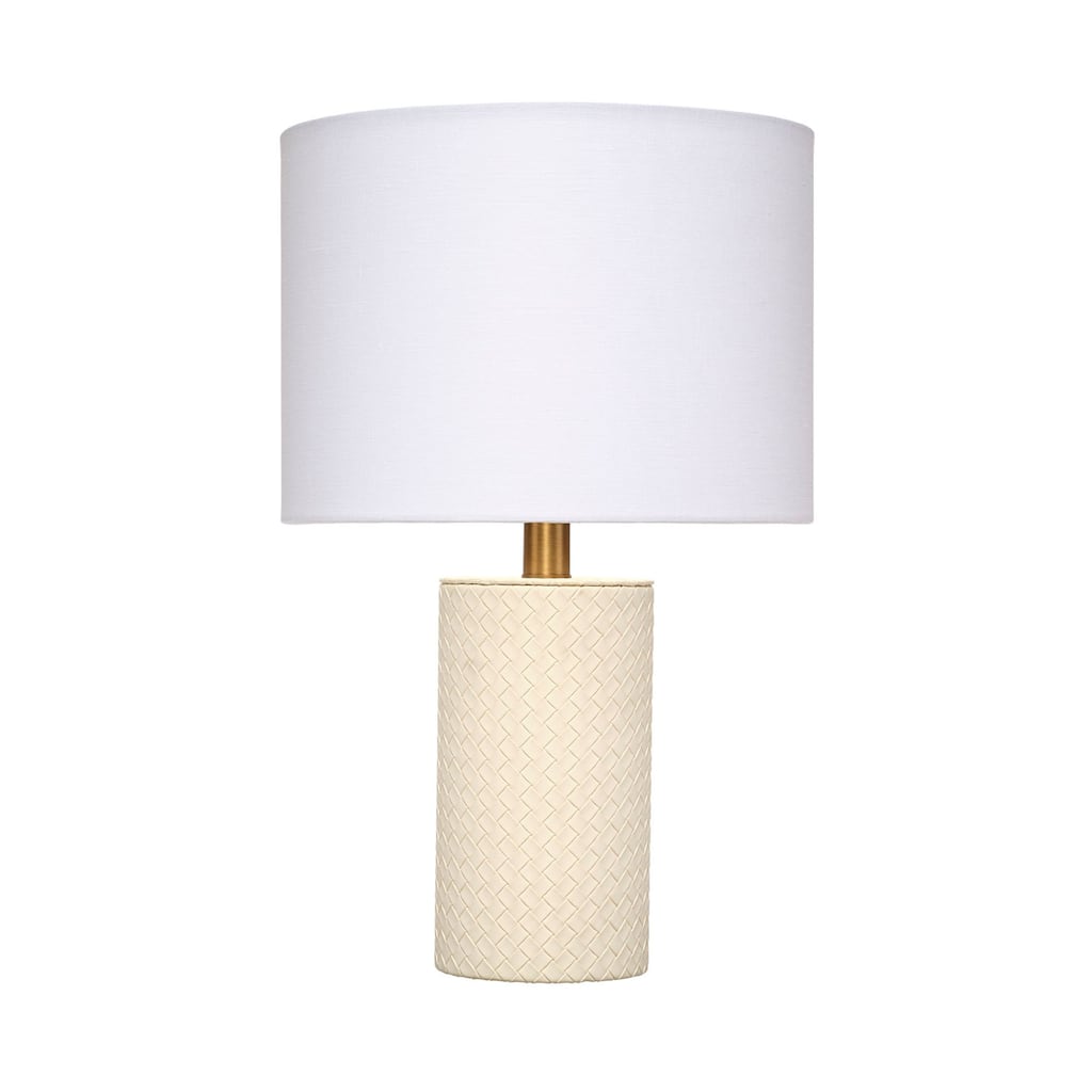 Myn Table Lamp, 18 Inch, White Linen Drum Shade, Cream Leather Base