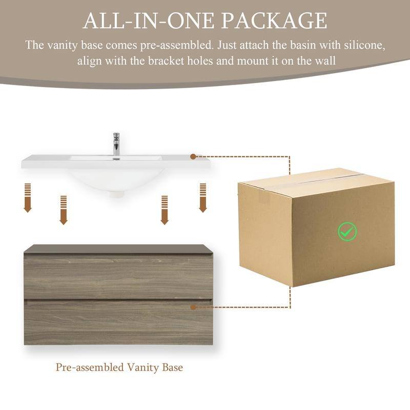ABRUZZO 42" Floating Single Bathroom Vanity Wall-Mounted with Integrated Resin Top Basin 2 Soft Close Drawers Full Assembly