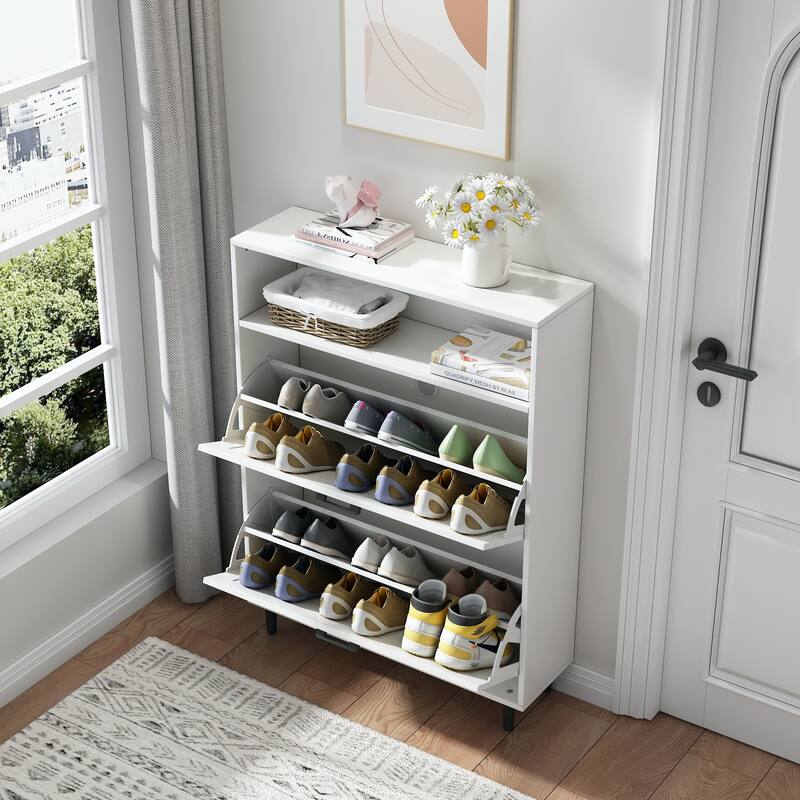 Farmhouse Shoe Storage Cabinet with Barn Door Design, Shoe Organizer with 2 Flip Drawers