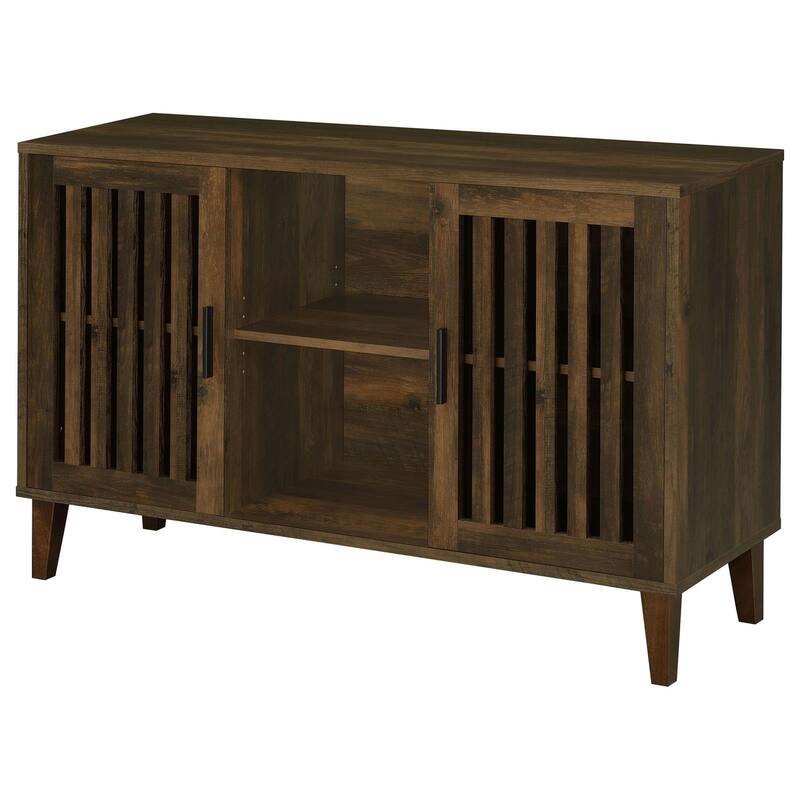 47 Inch Accent Cabinet, Slatted Design, 2 Shelves, Brown and Black Finish