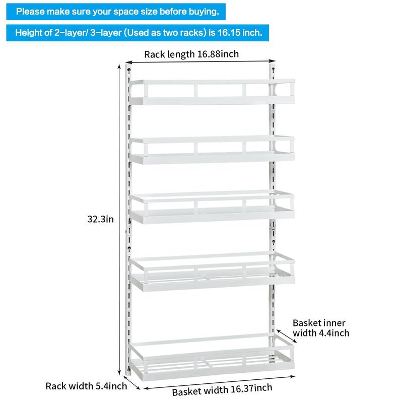 X-cosrack Wall Mount Spice Rack Organizer 5 Tier Height-Adjustable Hanging Spice Shelf Storage for Kitchen Pantry Cabinet
