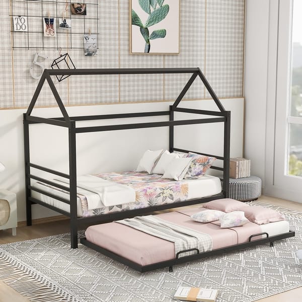 slide 2 of 24, Twin Size Metal House-Shaped Platform Bed with Trundle, Stylish Design and Extra Guest Sleeping Space, Black Black