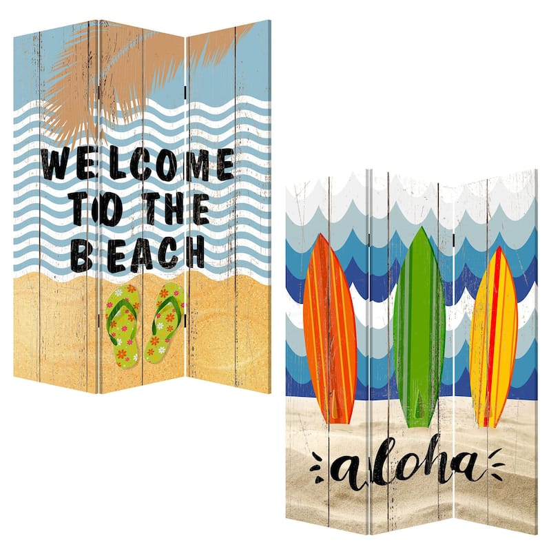 HomeRoots 72" Blue and White Canvas Folding Three Panel Screen Room Divider - 48' X '72' X '1