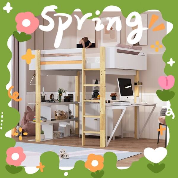 slide 2 of 39, Modern Full Size Loft Bed With Built-in Storage Cabinet and Cubes,Foldable desk,Sturdy Frame,s White