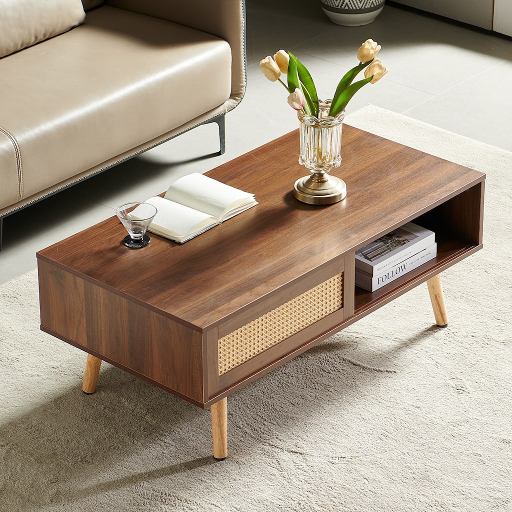 Anmytek Rattan Coffee Table with Storage Modern Walnut Living Room Centerpiece Organizer