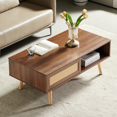 Coffee table, Sliding Door for Storage, Solid Wood Legs, Modern Table for Living Room , Walnut Color