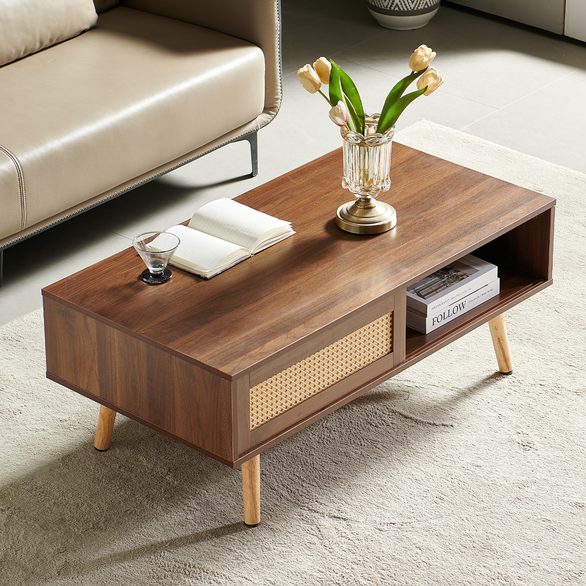 Coffee table, Sliding Door for Storage, Solid Wood Legs, Modern Table for Living Room , Walnut Color