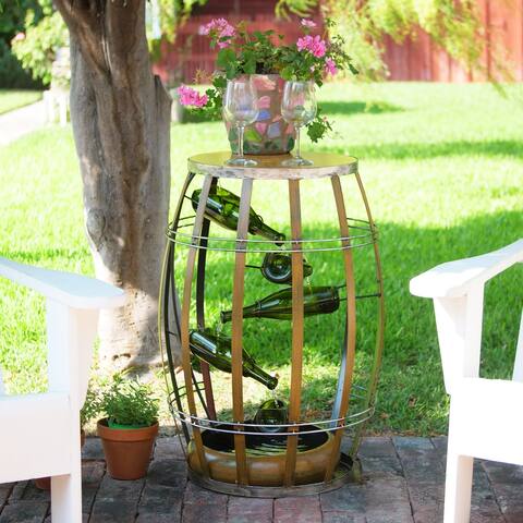 Alpine Corporation 31" Tall Indoor Metal Wine Barrel Table Fountain with Tiered Glass Bottles
