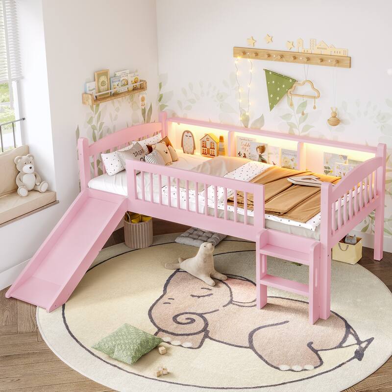 Kids Wood Low Loft Bed Frame with Storage Shelves, LED Light Strips, Curved Headboard, Safety Guardrails and Reversible Slide - Pink - Twin XL