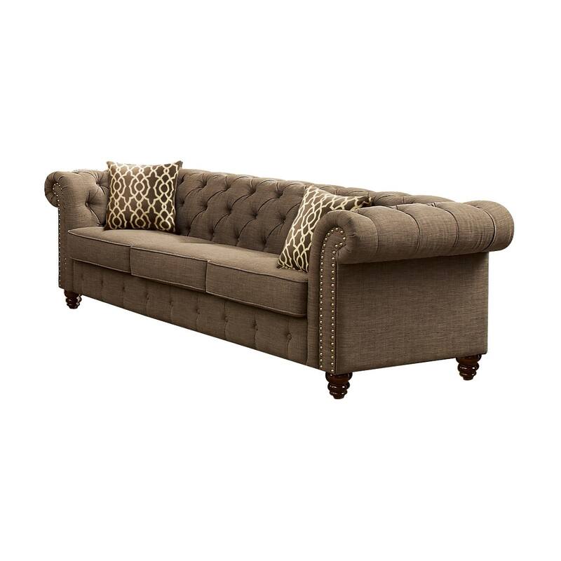 HomeRoots 90" Brown Linen Chesterfield Sofa And Toss Pillows - 90