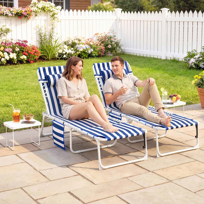 Outsunny Tanning Chair Set of 2 with Face Hole, Side Table, 5-Position Reclining Folding Chaise Lounge Chair - Blue