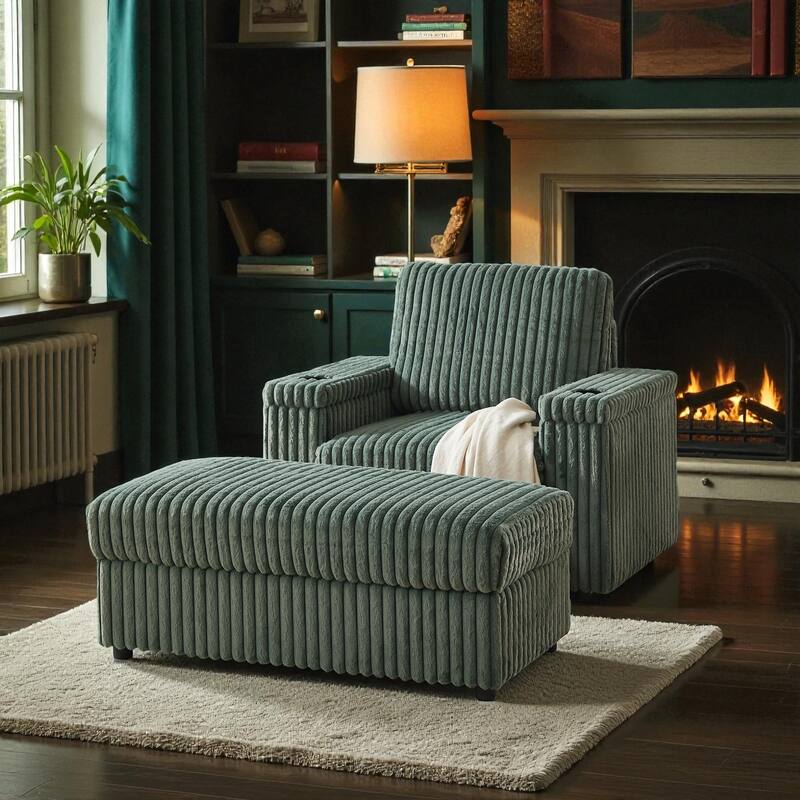 42.5" Corduroy Single Recliner Chair with Cup Holder, Storage Footrest, Armrest Storage and Backrest Pillow