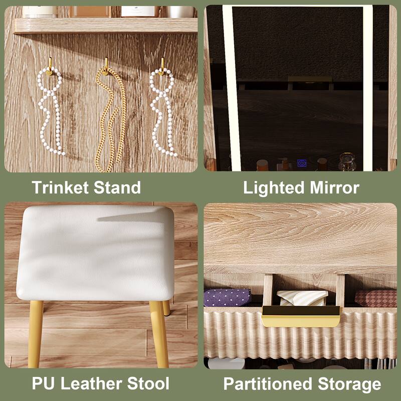 Fluted 7-Drawer Vanity Desk with LED Lighted Mirror, Jewelry Storage, Metal Legs & PU Stool for Bedroom Makeup