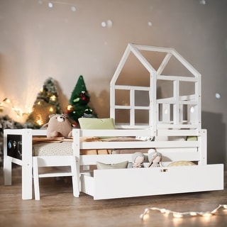 Full Size House Bed with Ladder, Storage Drawers, and 2 Blackboard Designs, No Box Spring Needed, White