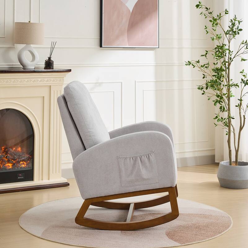 27.2"W Rocking Chair, Polyester Glider Chair with High Back Side Pocket, Rocking Accent Armchair with Rubber Wood Legs