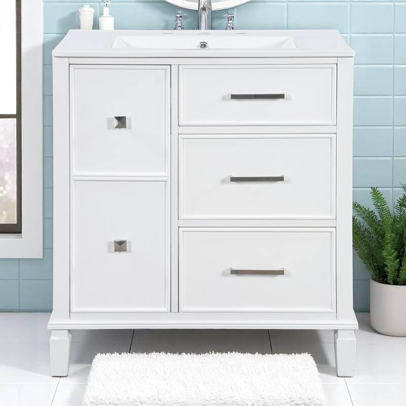 30" Bathroom Vanity with Sink, Freestanding Cabinet with Flip-Out Drawer & Double-Layer Storage, Solid Wood with Ceramic Basin - White - 30" Solid Wood+MDF