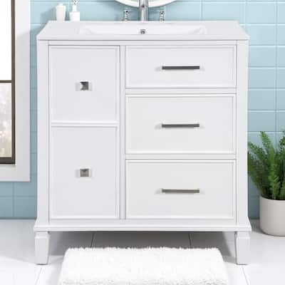 30" Bathroom Vanity with Sink, Freestanding Cabinet with Flip-Out Drawer & Double-Layer Storage, Solid Wood with Ceramic Basin