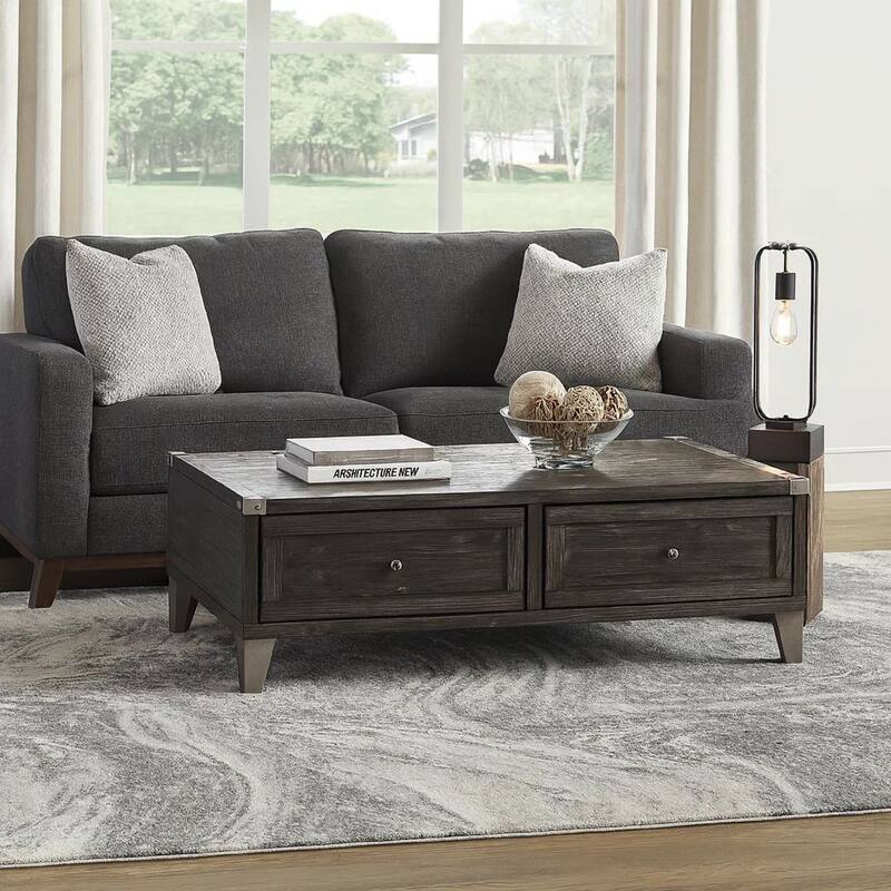 Wooden Lift Top Cocktail Table with 2 Drawers and Metal Accents, Gray