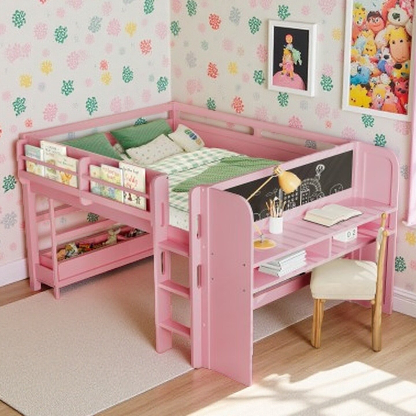 Full Size Low Loft Bed with Built-in Desk, Blackboard, Drawers, Boxes & Multi-Storage Bookcases, Solid Wood Kids Bed