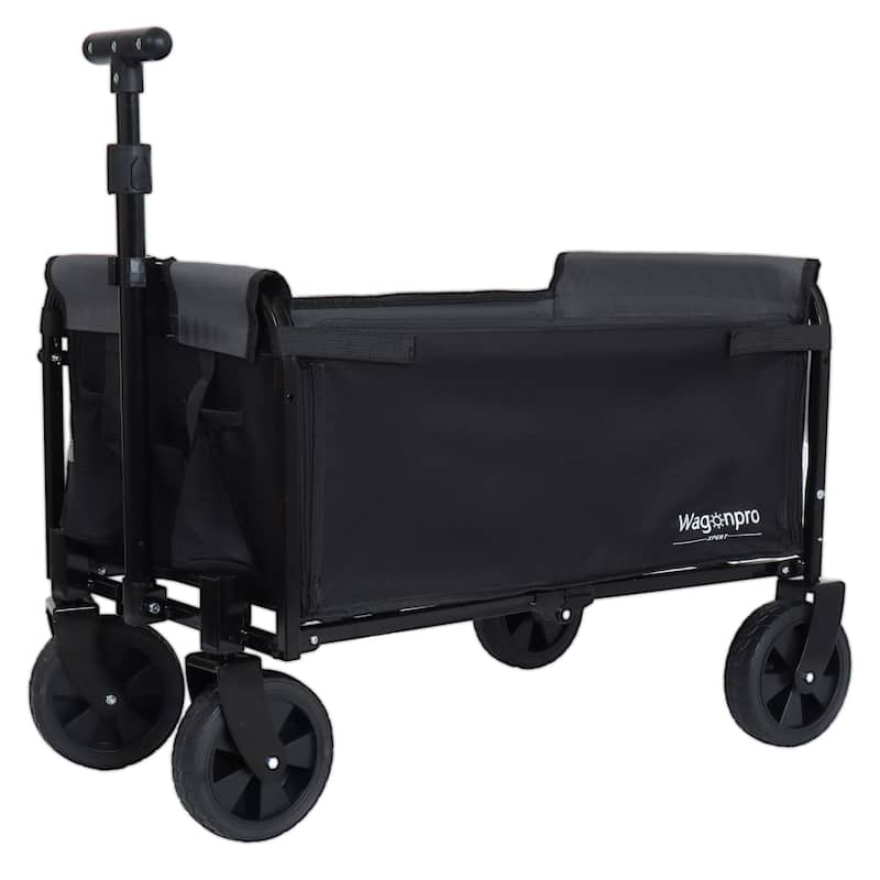 All-In-One Convertible Folding Camping Wagon Cart: Bench Seat, Storage Compartment & Included Dog Tether - Black