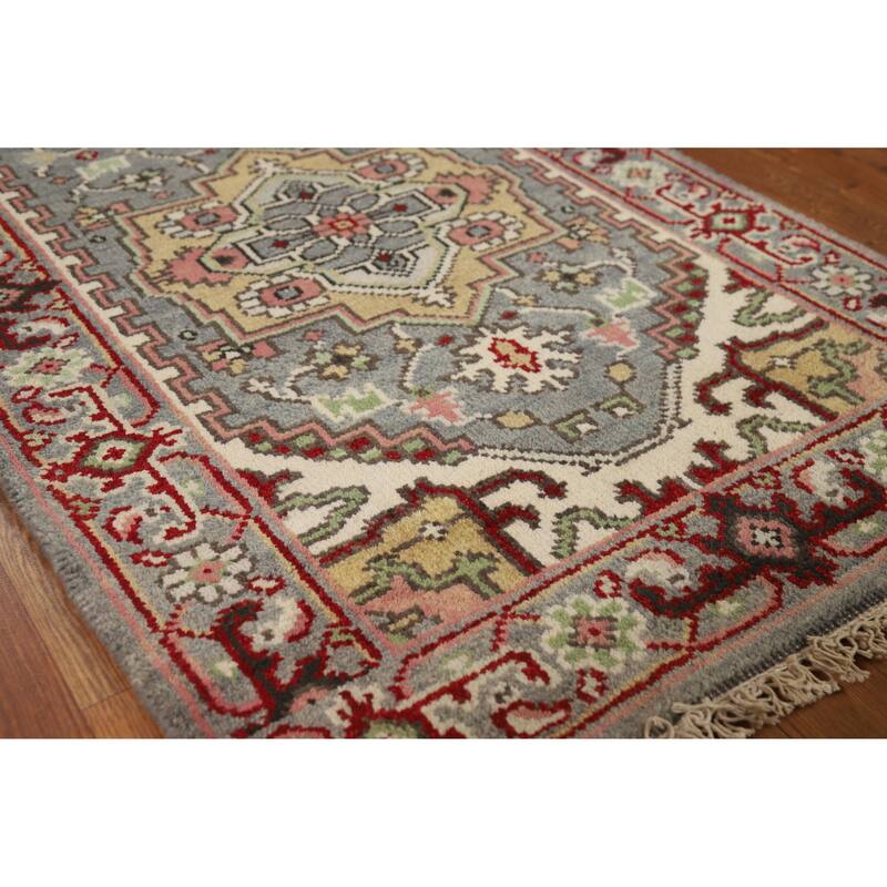 Hand Knotted Oriental 100% Wool Carpet Traditional Geometric Greys & Charcoal Heriz (serapi) Runner Rug - 7' 11'' X 2' 7''