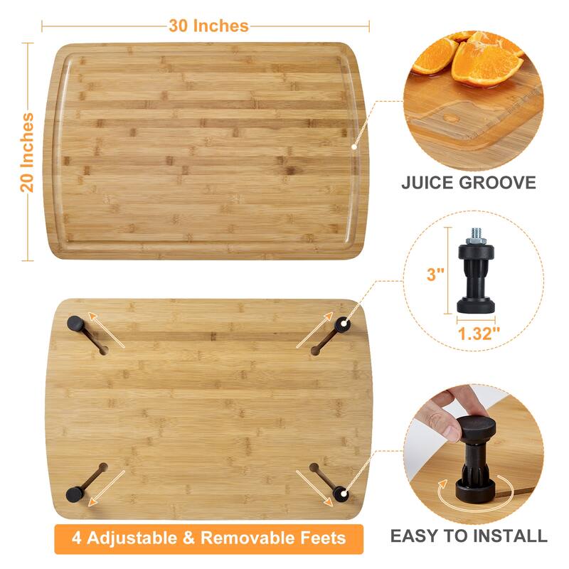 Bamboo Stovetop Cover Cutting Board with Legs and Juice Grooves - N/A