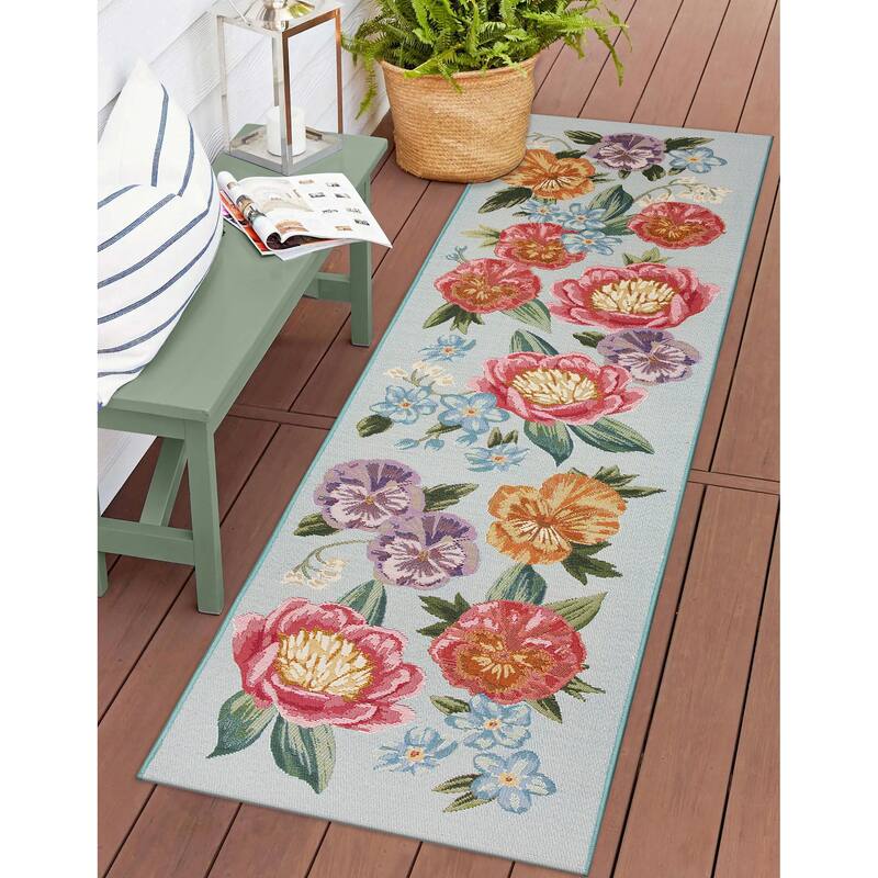 Liora Manne Marina Secret Garden Indoor/Outdoor Area Rug - 1'11" x 7'6" - Light Blue