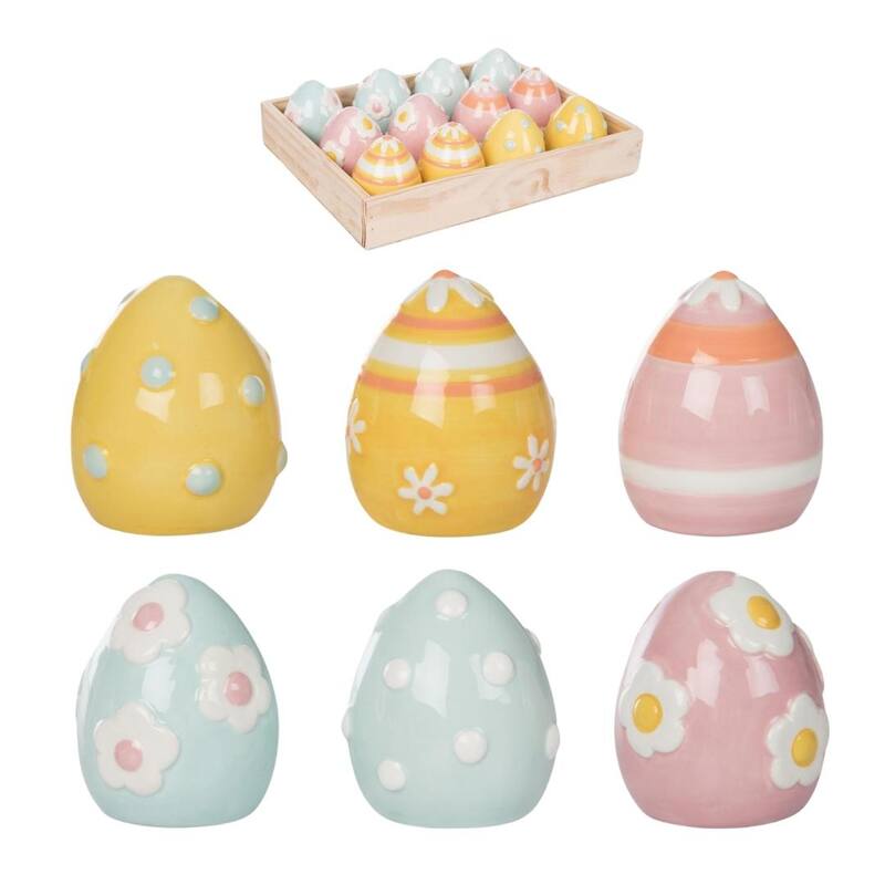 Transpac Mini Ceramic Egg Deco In Crate S/12 Home Decorations Easter