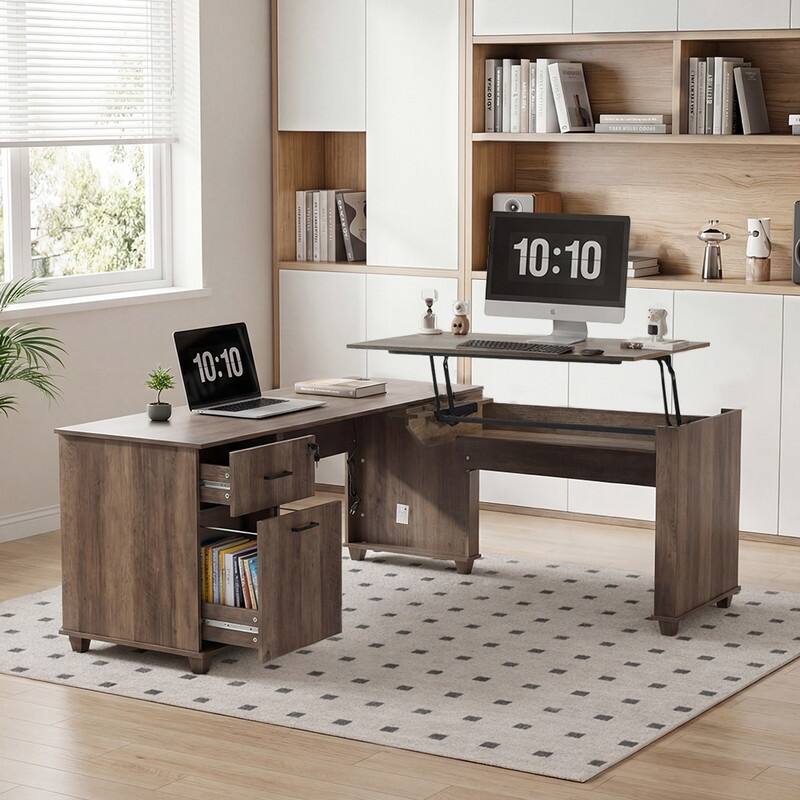 71'' L-Shaped Lift Top Home Office Desk with Storage Drawers ,File Cabinet and Convenient Charging - Grey