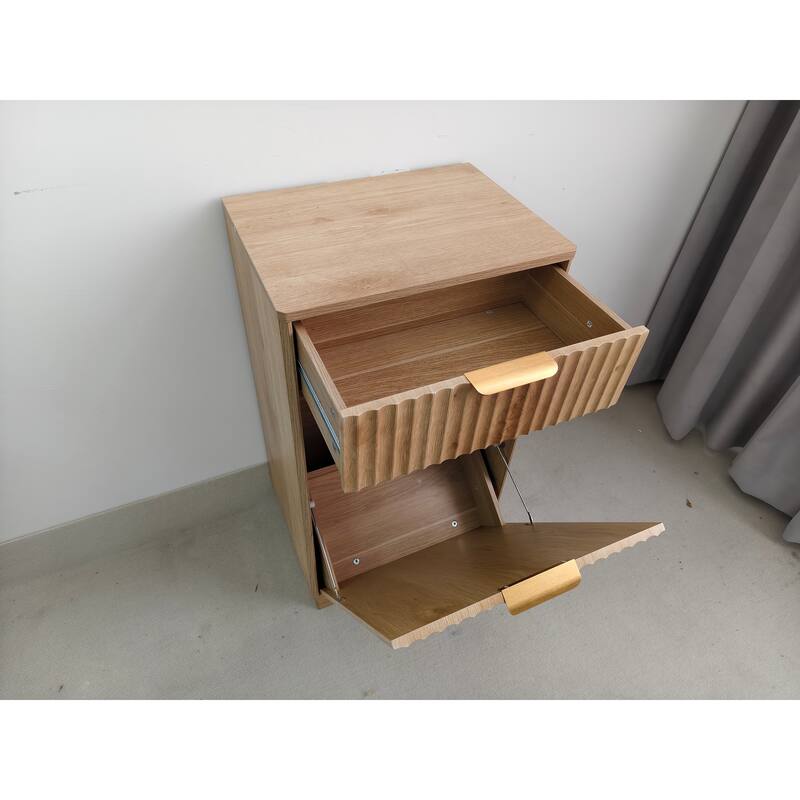 10-Gallon Woodgrain Tilt-Out Trash Can Cabinet Wooden Garbage Recycling Cabinet with Wave-Textured Hideaway Drawer&Pull-Out Bin