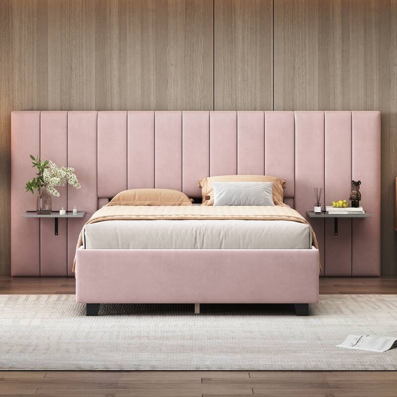 Modern Style Velvet Upholstered Platform Bed with Big Headboard for Bedroom
