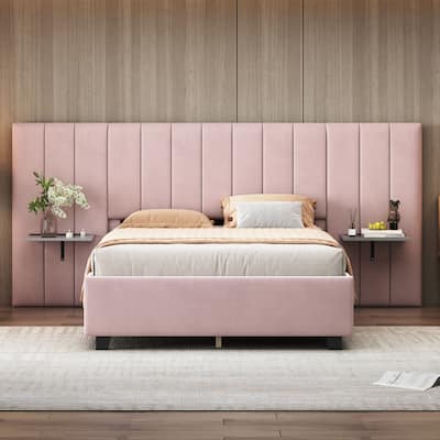 Qeen Size Upholstered Platform Bed with Big Headboard, Bedroom Furniture, Velvet,