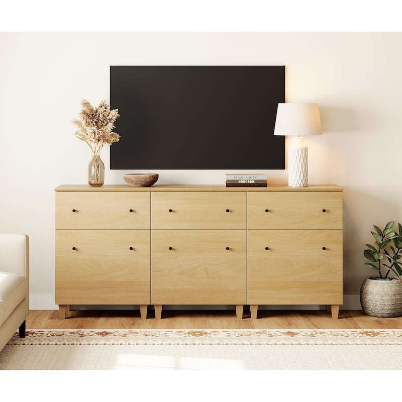 WAMPAT Modern TV Cabinet Stand with Drawers and Door - 70.8" - 3 Pack - Oak