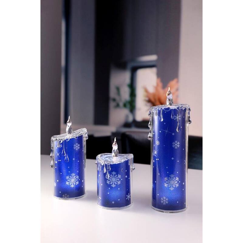 3pc Snowflake LED Flameless Candle Lights - 9.5" - Blue - Set of 2