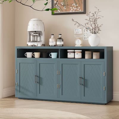 4-Door Living Room Solid Wood Sideboard with Adjustable Shelves and Open Storage Space