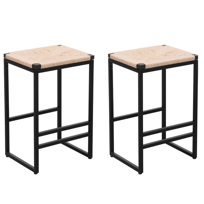 Set of 2 Water Hyacinth Woven Bar Stools for Kitchen Counter Water Hyacinth Grass Backless Barstools with Footrest