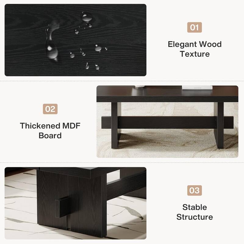 55" Rectangular Wooden Coffee Table for Living Room, Easy Assembly