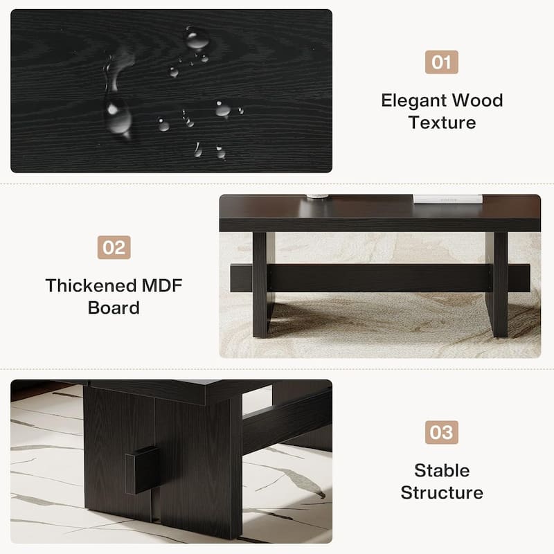 55.12 Inches Black Engineered Wood Coffee Table, Modern Cocktail Table for Living Room