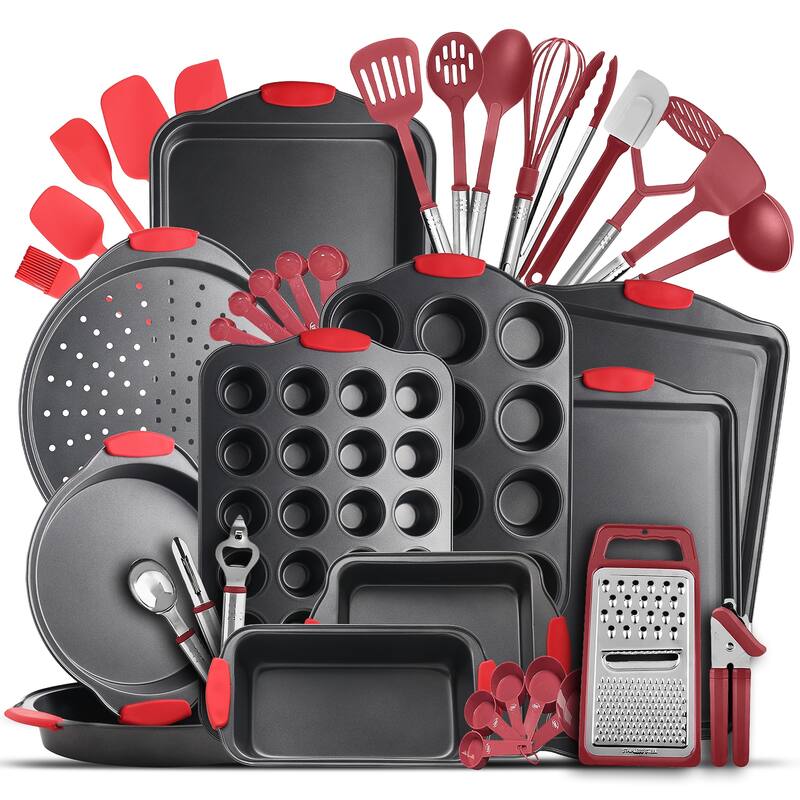 JoyTable 15 Piece Bakeware Set + 24 Piece Utensil Set - Stainless Steel, Non-Stick, Dishwasher Safe, and Heat Resistant - Black Bakeware Set + Red Utensil Set