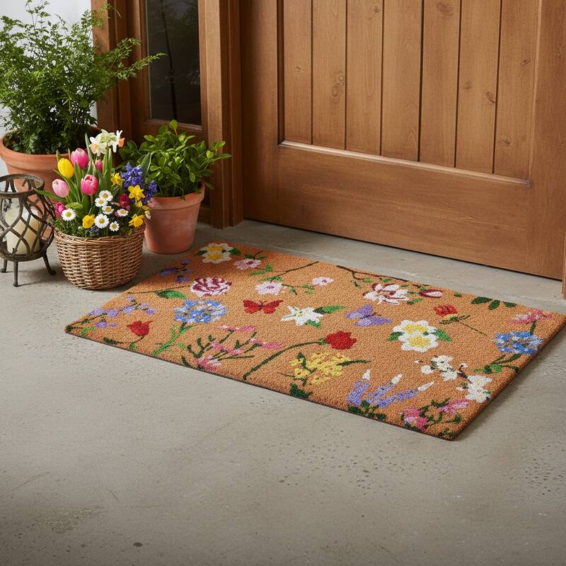 HomeRoots 24" X 36" Brown White And Green Floral Outdoor Coir Door Mat - 24.00' X '36.00 - 24.00' X '36.00