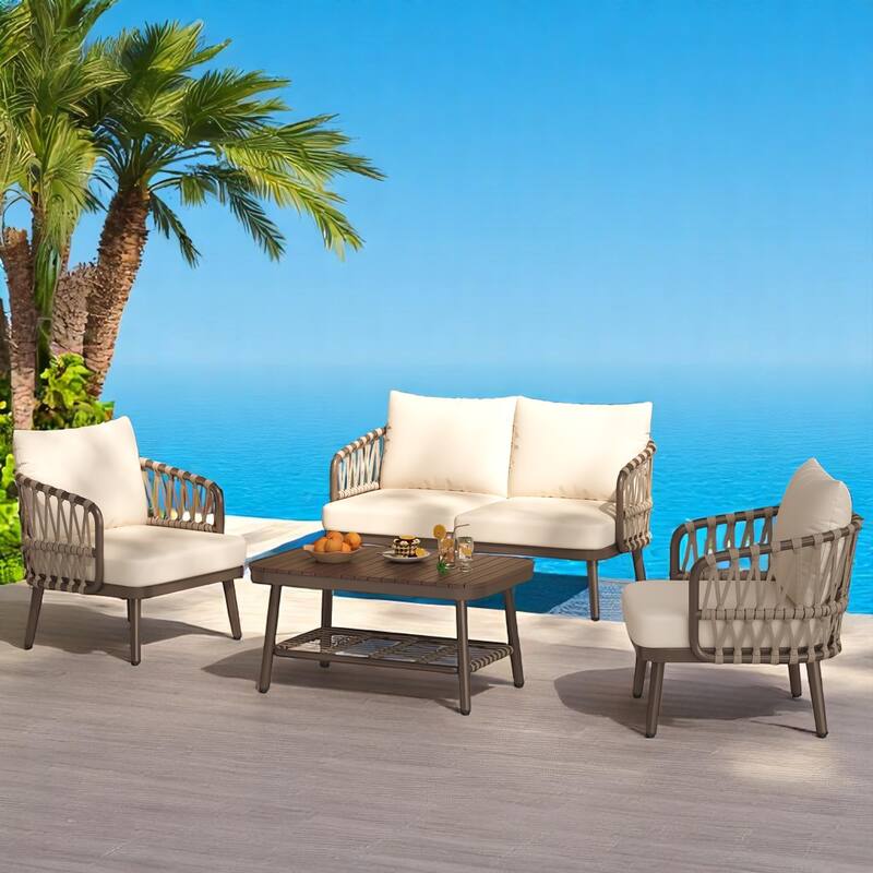 4-Piece Outdoor Conversation Set with Woven Rope U-Shaped Backrest, Acacia Wood Coffee Table, Water-Repellent Cushions