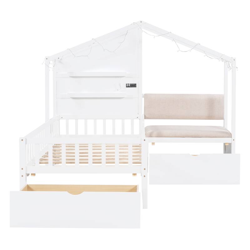 Twin Size House Bed with Upholstered Sofa, House Bed with Charging Station, Wireless Charging, Shelves and Two Drawers