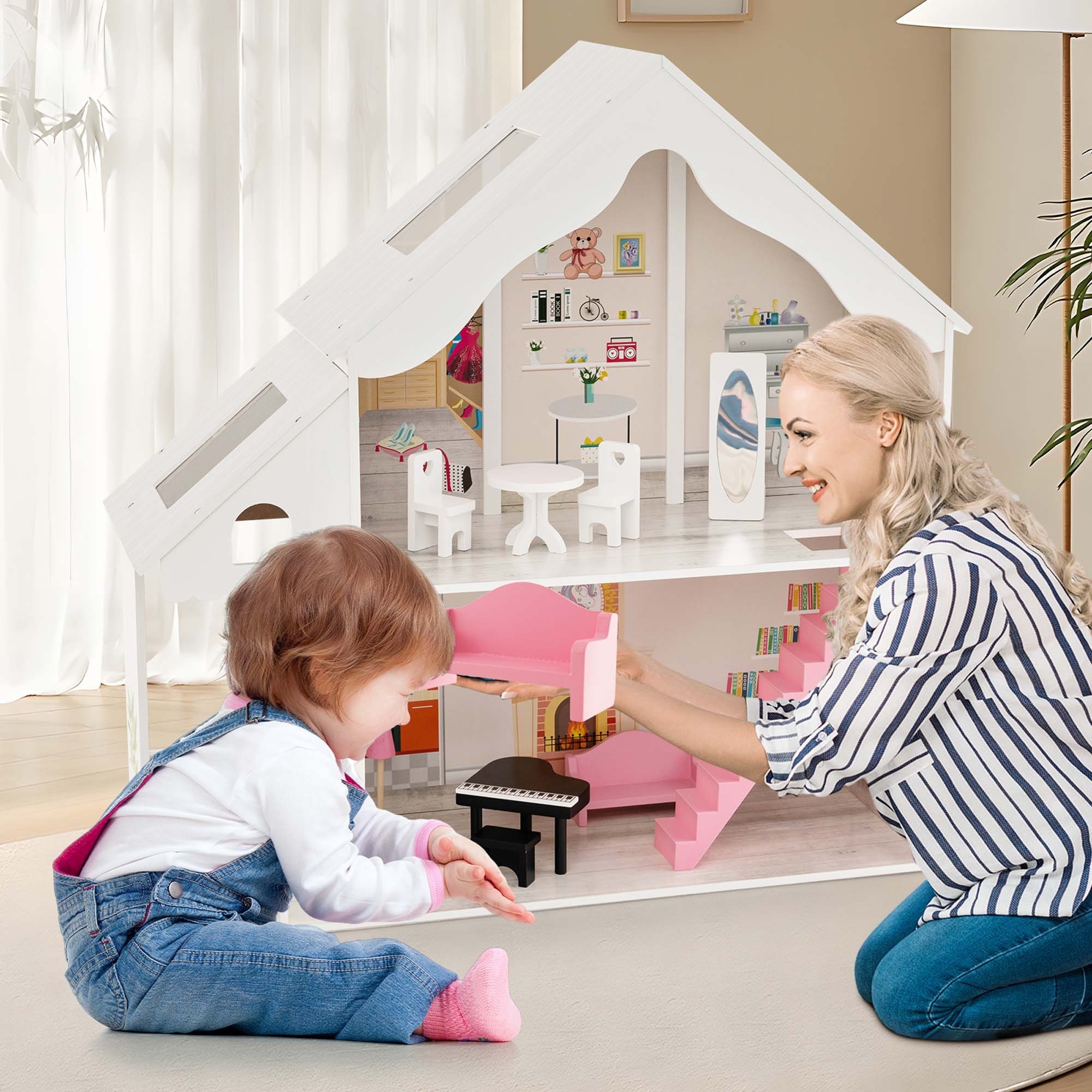 Kids Wooden Dollhouse Semi-Opened DIY Playset with Simulated Rooms