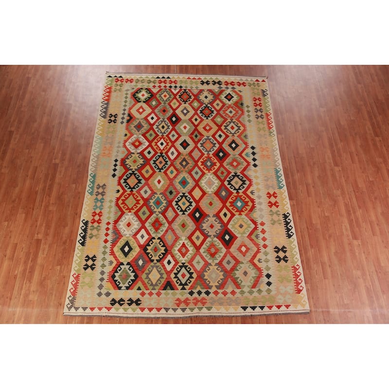 Geometric Kilim Oriental Area Rug Hand-Woven Tribal Wool Carpet - 8'0"x 11'3"